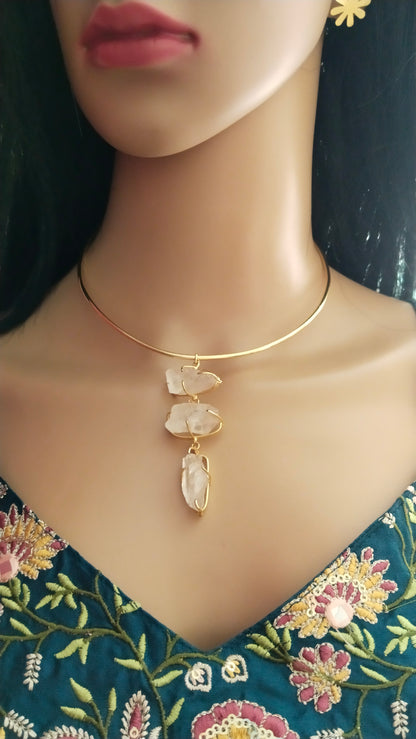 White 3 crystal stone Brass Hasli