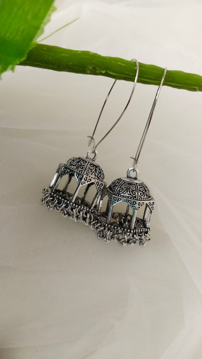 Long hook Jhumka in silver tone & Antique tone