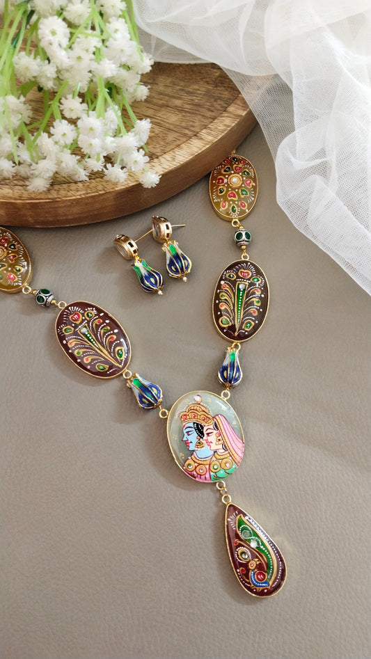 Hand painted Meenakari Raja Rani Har/Haram necklace set