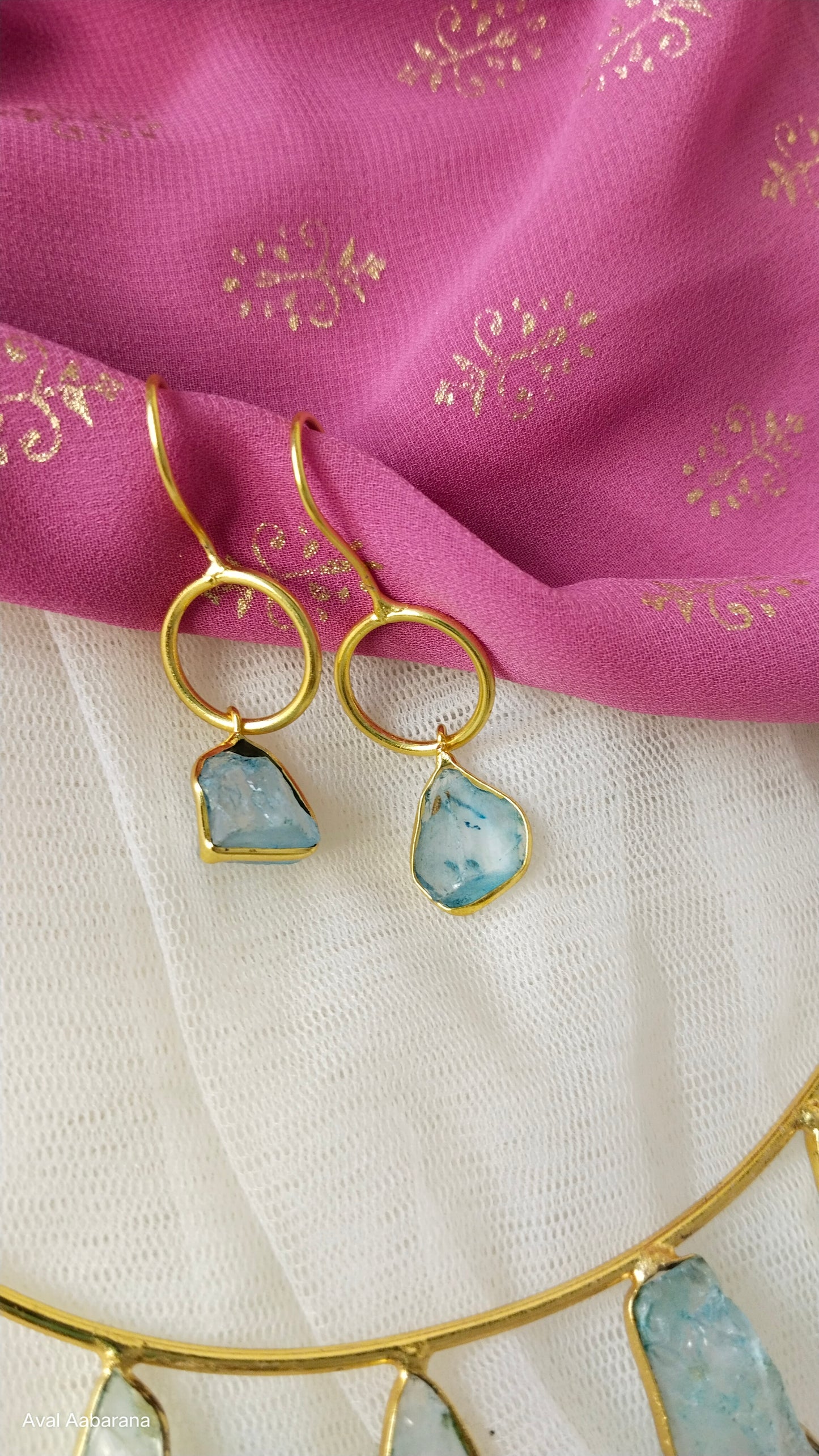 BR1090 - Exclusive Raw stone Husli choker with pretty Earring in sky blue, purple & ice blue colors