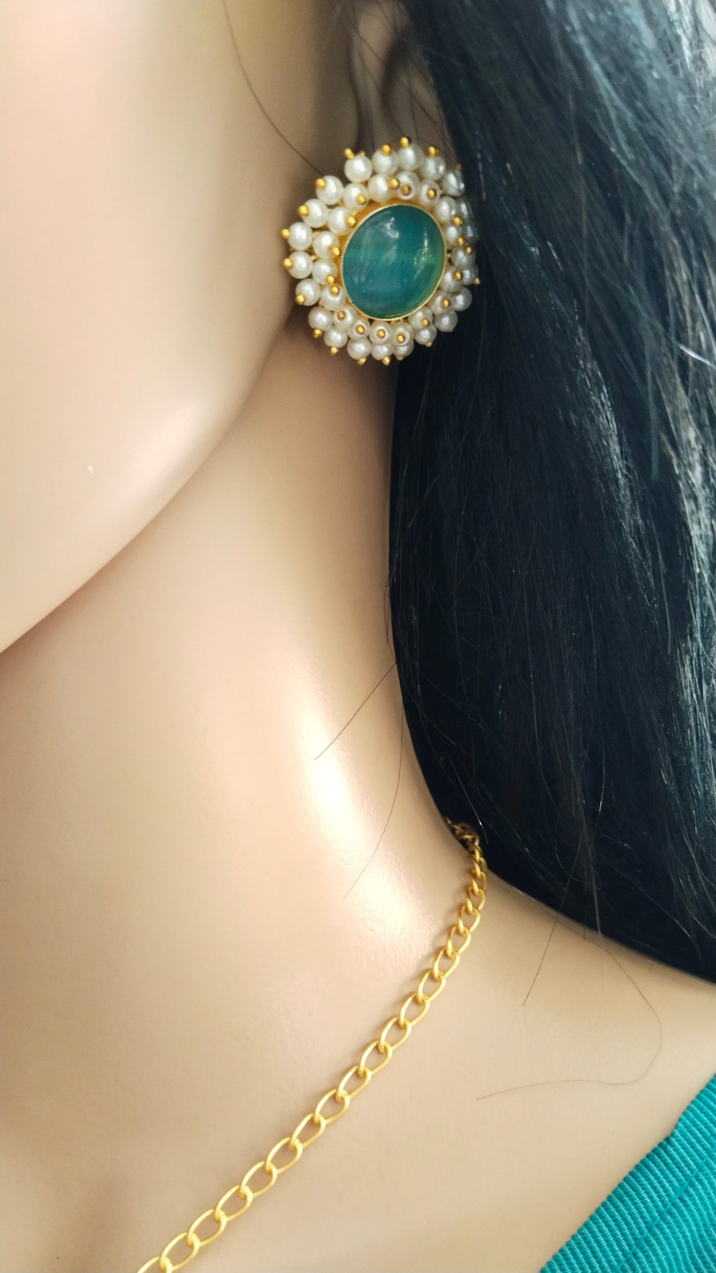 Monalisa stone, adorned with pearl pendant chain combo of chain, earring & a Finger Ring