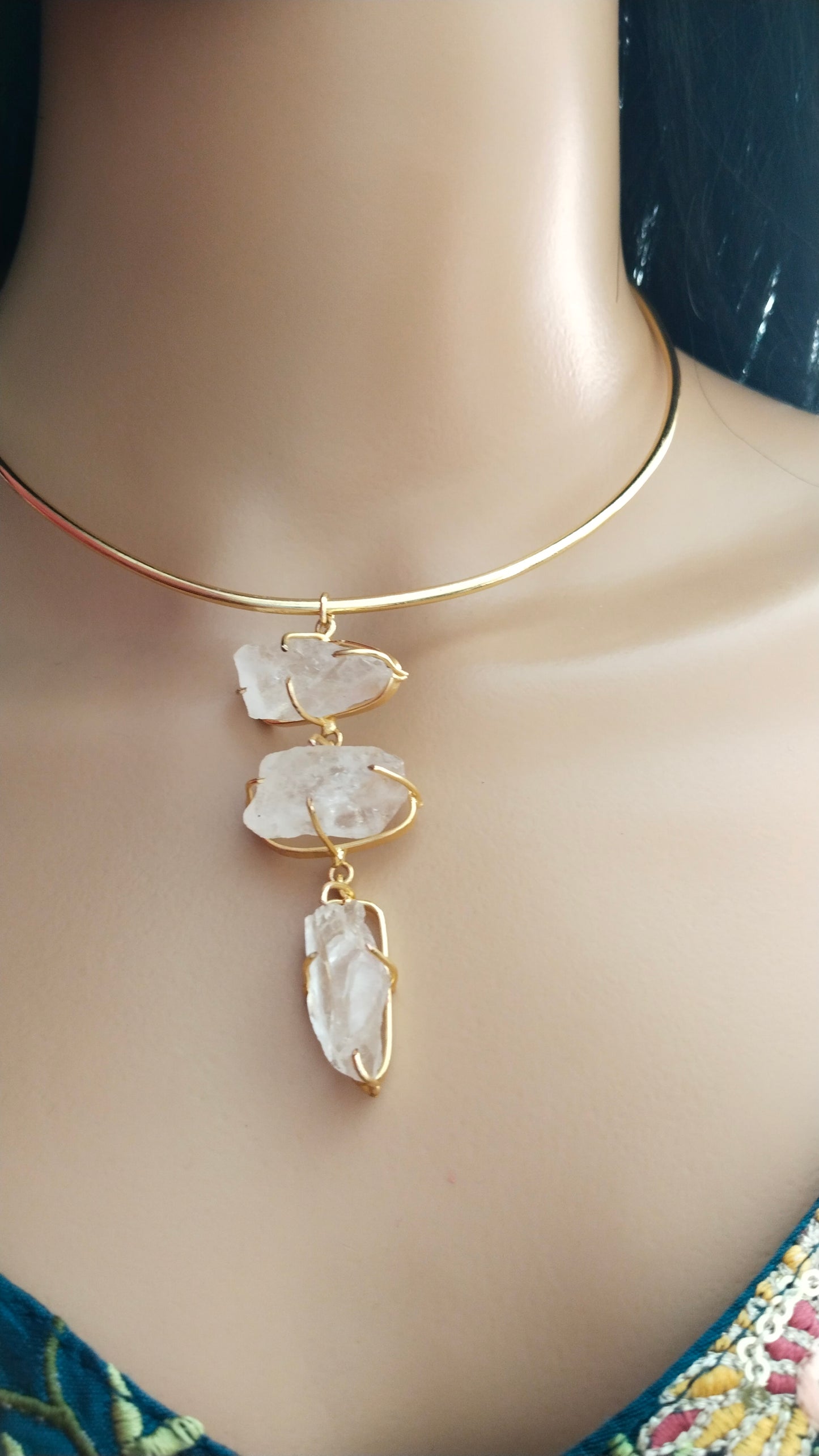 White 3 crystal stone Brass Hasli